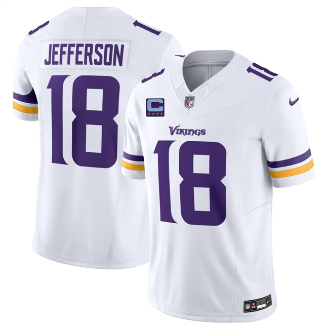 Men's White Minnesota Vikings #18 Justin Jefferson 2026 F.U.S.E. With 4-star C Patch And John Madden Patch Vapor Limited Stitched Football Jersey